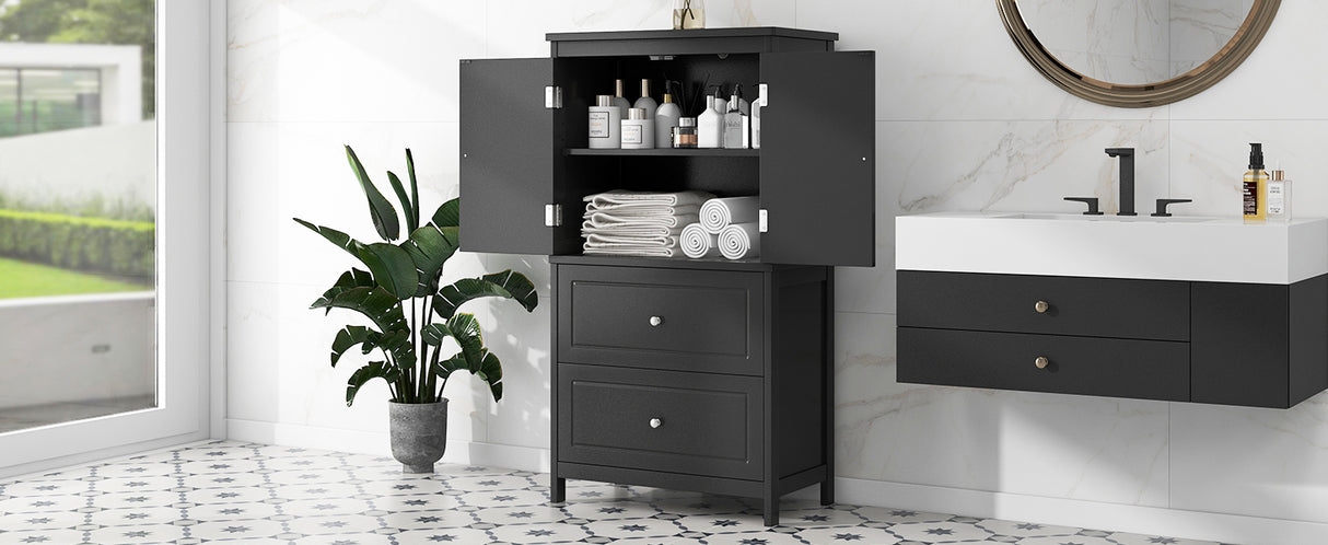Bathroom Storage Cabinet, Cabinet with Two Doors and Drawers, Adjustable Shelf, MDF Board, Black - V.I.P Digital Presence