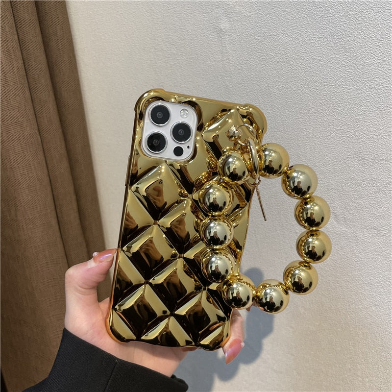Funda de teléfono suave de lujo con cadena colgante y cuentas redondas chapadas en diamantes para iPhone 14, 13, 11, 12 Pro Max, 7, 8 Plus, X, XR, XS, SE 2020