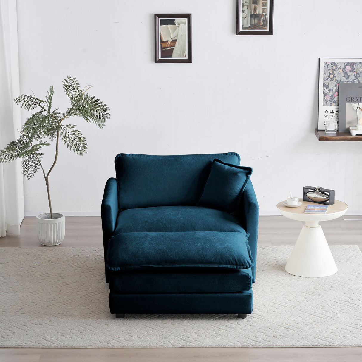 Ottoman modern style chair, living room club chair Chenille cushioned armchair, bedroom reading chair, blue - V.I.P Digital Presence