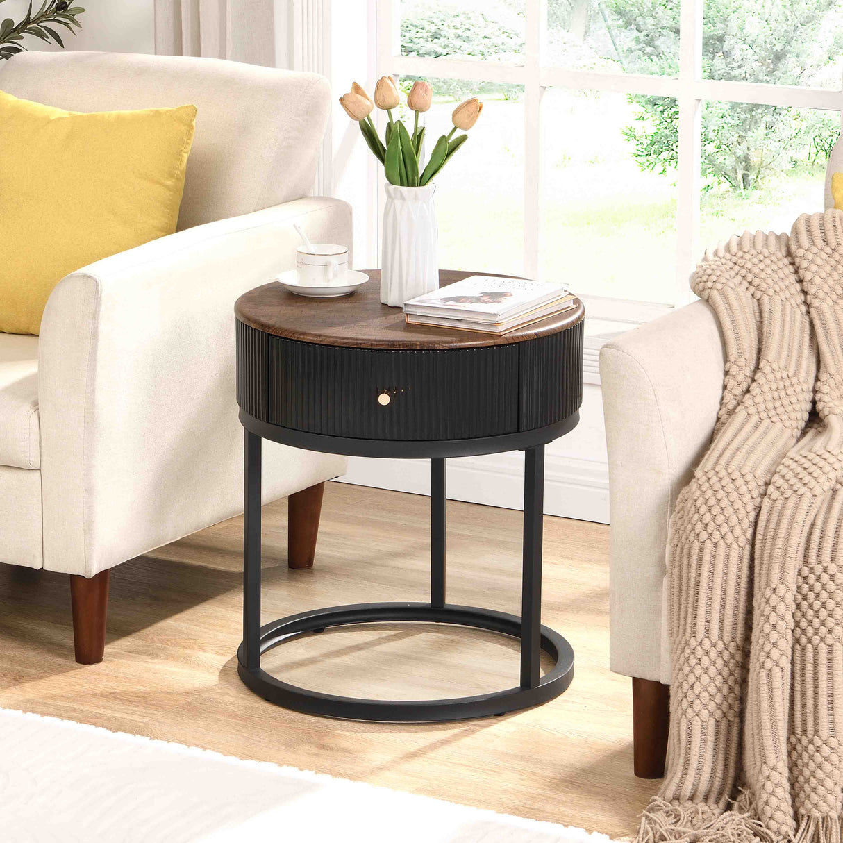 Round Nightstand with Drawer, 19.68 Inch Wood End Table with Storage, Small Table or Living Room, Bedroom and Small Spaces - V.I.P Digital Presence