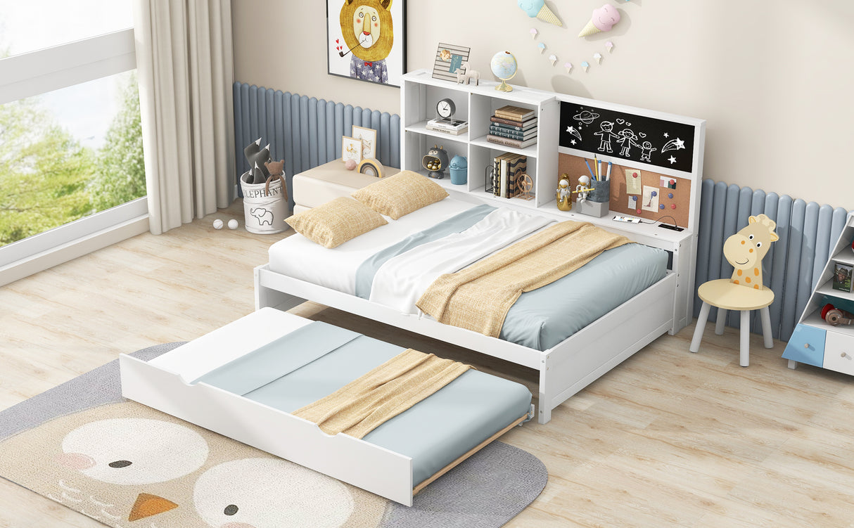 Full Size Daybed with Storage Shelves, Blackboard, Cork board, USB Ports and Twin Size Trundle White