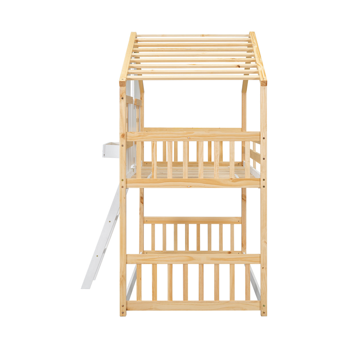 Twin over Twin House Bunk Bed with Roof , Window, Window Box, Door , with Safety Guardrails and Ladder, Natural/White - V.I.P Digital Presence