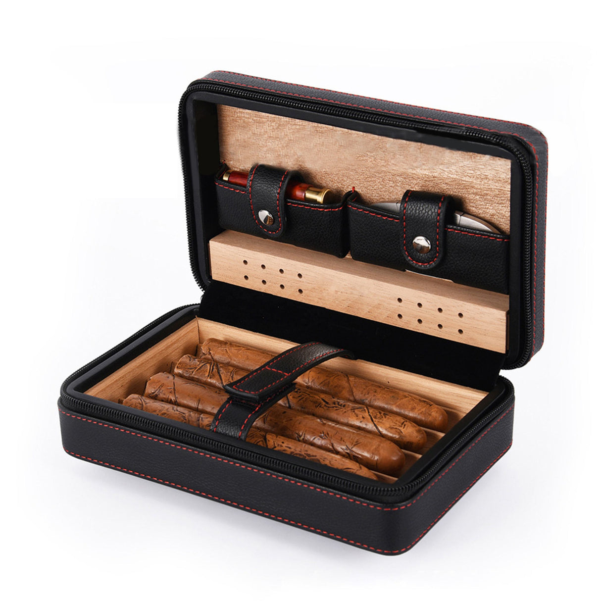 Cigar box portable zipper bag four pack mellow and moisturizing smoking accessories cedar wood gift box travel companion - V.I.P Digital Presence
