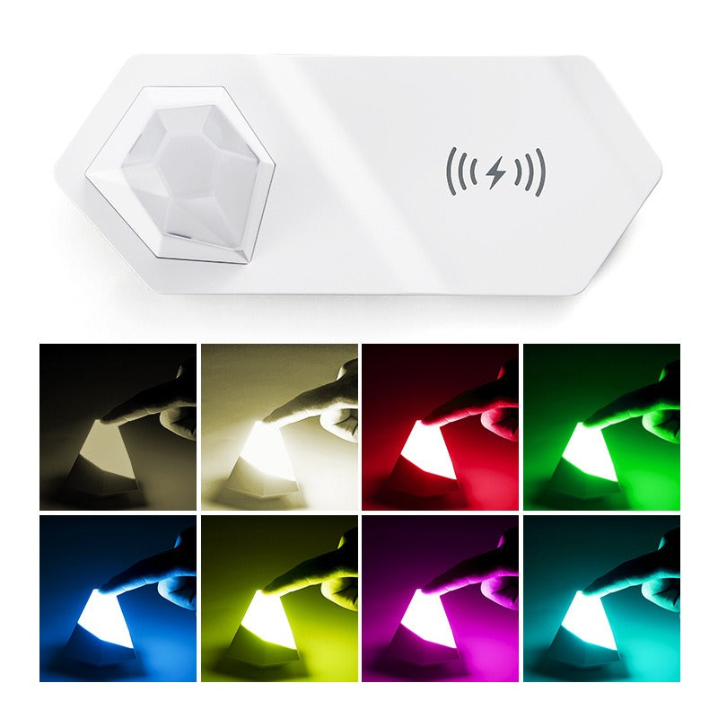 Lámpara de mesita de noche con luz nocturna de diamante de colores, cargador inalámbrico, lámpara de ambiente magnética multifuncional 2 en 1.