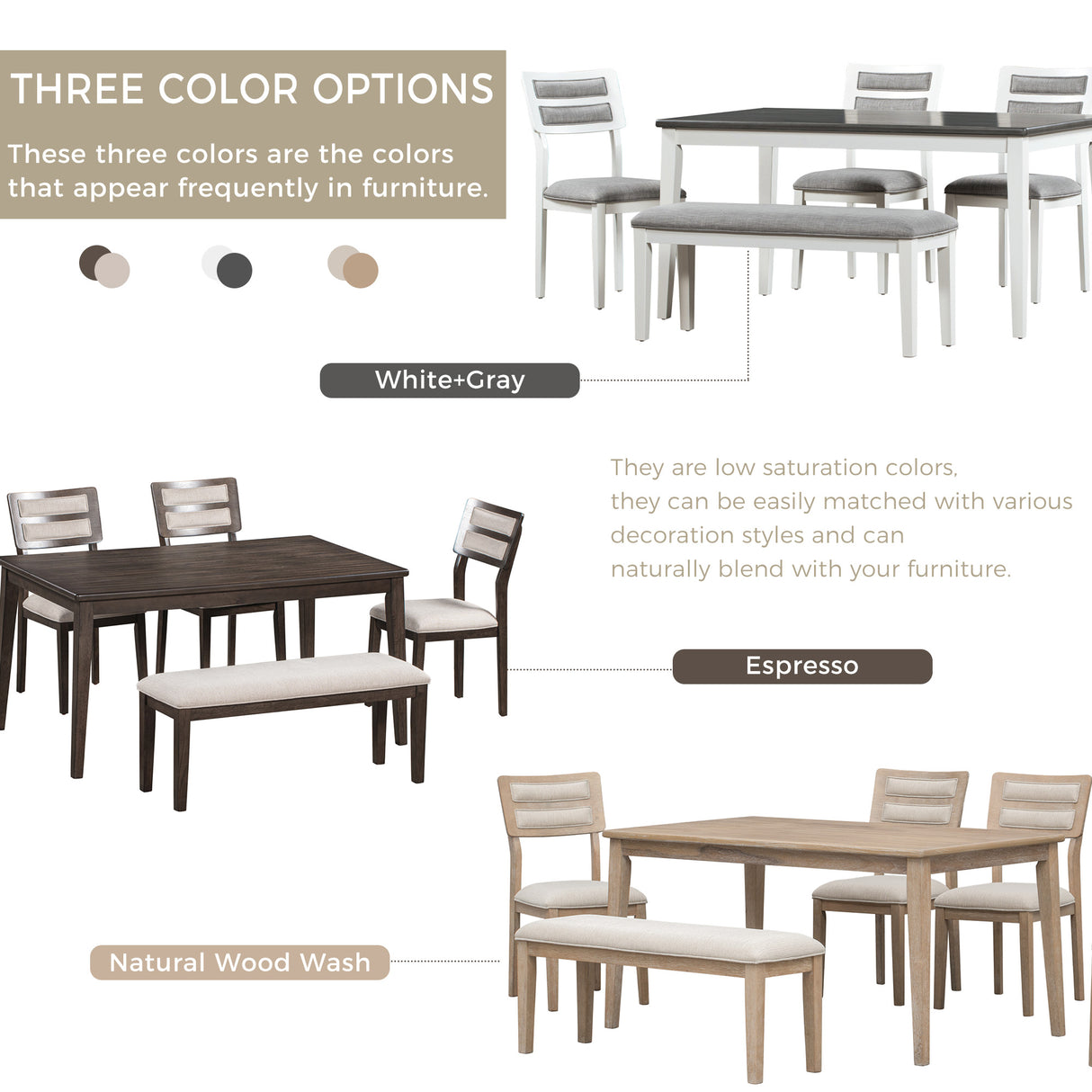 TREXM Classic and Traditional Style 6 - Piece Dining Set, Includes Dining Table 4 Upholstered Chairs & Bench (White+Gray)