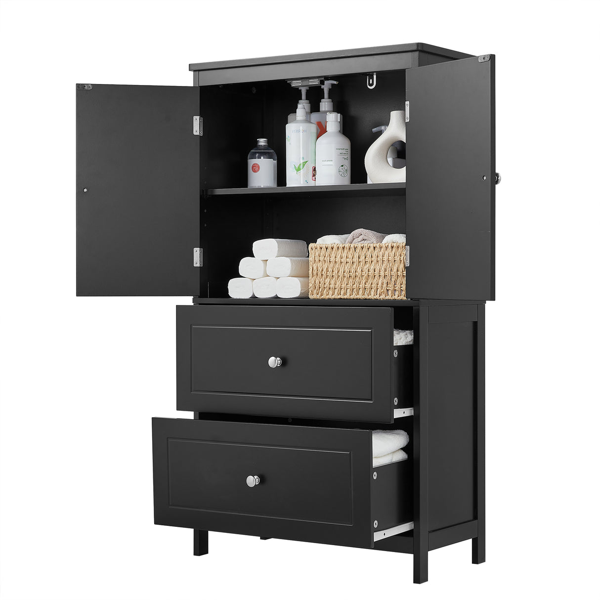 Bathroom Storage Cabinet, Cabinet with Two Doors and Drawers, Adjustable Shelf, MDF Board, Black - V.I.P Digital Presence