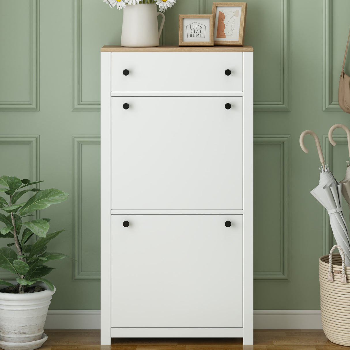 ONTREND with 2 flip drawers, top shoe cabinet with drawers, independent shoe rack with adjustable panel, white - V.I.P Digital Presence
