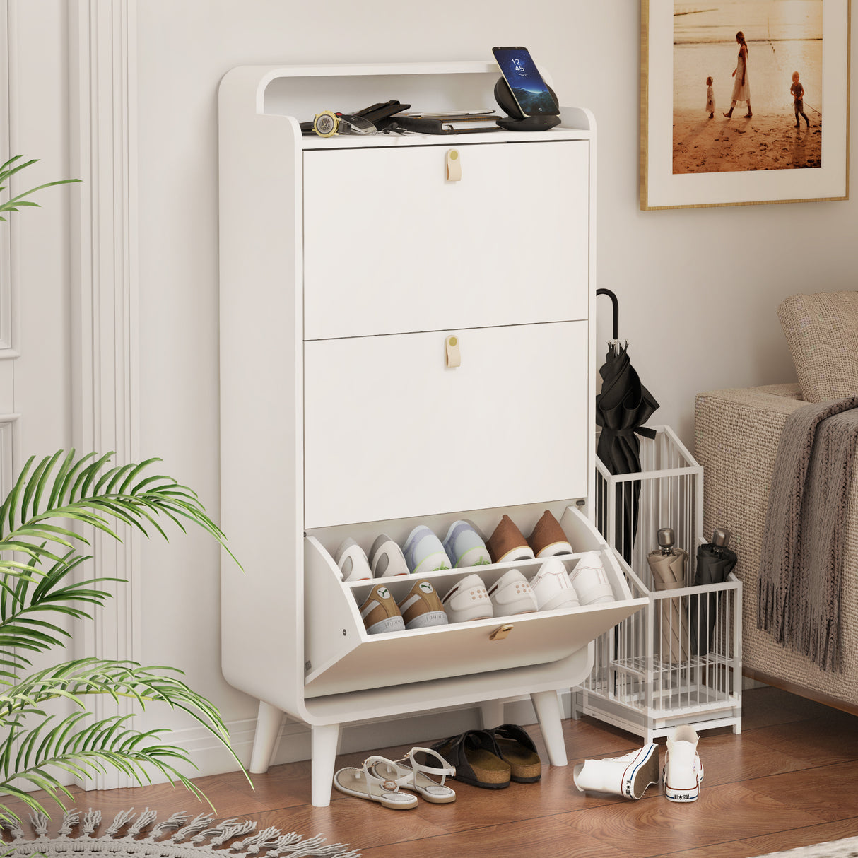 Modern Arc Design Shoe Cabinet With 3 Drawers,Shoe Storage Cabinet for Entryway,Outdoor,White Finish - V.I.P Digital Presence