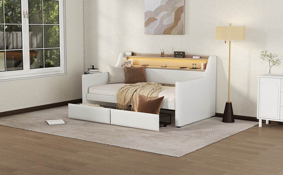 Twin Size Daybed with Drawers, Upholstered Daybed with Charging Station and LED Lights, White - V.I.P Digital Presence