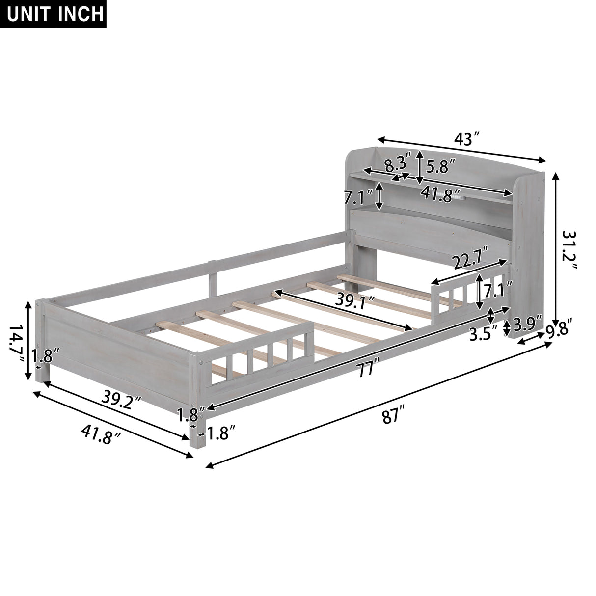 Wood Twin Size Platform Bed with Built-in LED Light Storage Headboard and Guardrail Antique Grey
