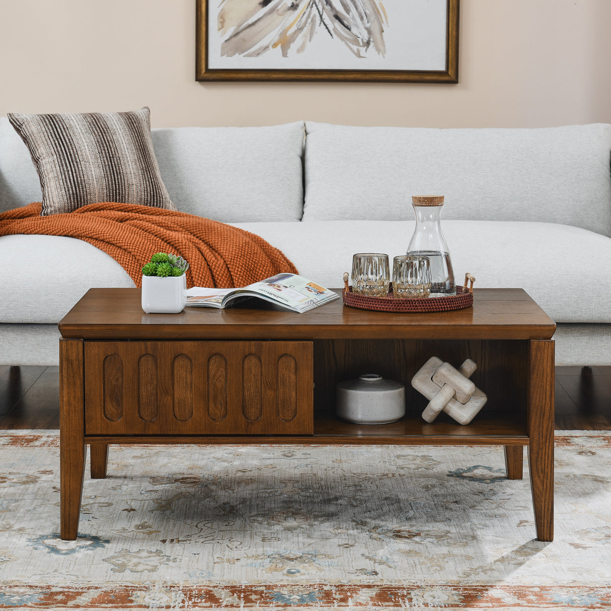 Medieval modern flute coffee table with storage sliding door and solid wood legs, vintage farmhouse wood central table - V.I.P Digital Presence