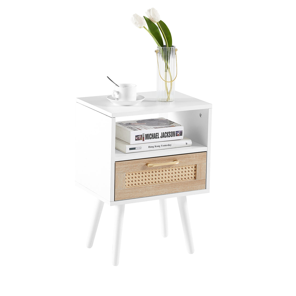15.75" Rattan End table with drawer and solid wood legs Modern nightstand side table for living room white - V.I.P Digital Presence