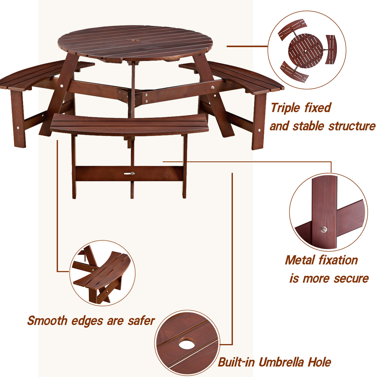 6-person circular picnic table with 3 built-in benches, umbrella holes, outdoor tables and chairs brown bench set - V.I.P Digital Presence
