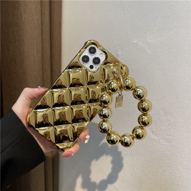 Funda de teléfono suave de lujo con cadena colgante y cuentas redondas chapadas en diamantes para iPhone 14, 13, 11, 12 Pro Max, 7, 8 Plus, X, XR, XS, SE 2020