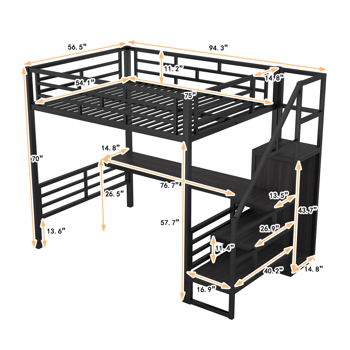 Full Size Metal Loft Bed with Desk, Storage Staircase and Small Wardrobe, Storage stairs can be installed left and right,Black - V.I.P Digital Presence
