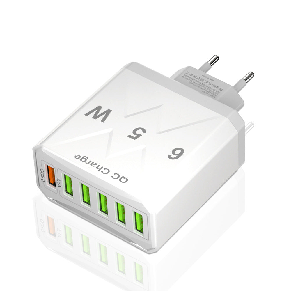 Cargador de teléfono móvil estándar coreano de carga rápida de 65 W, cargador de viaje con cabezal de carga rápida multipuerto de 6 USB