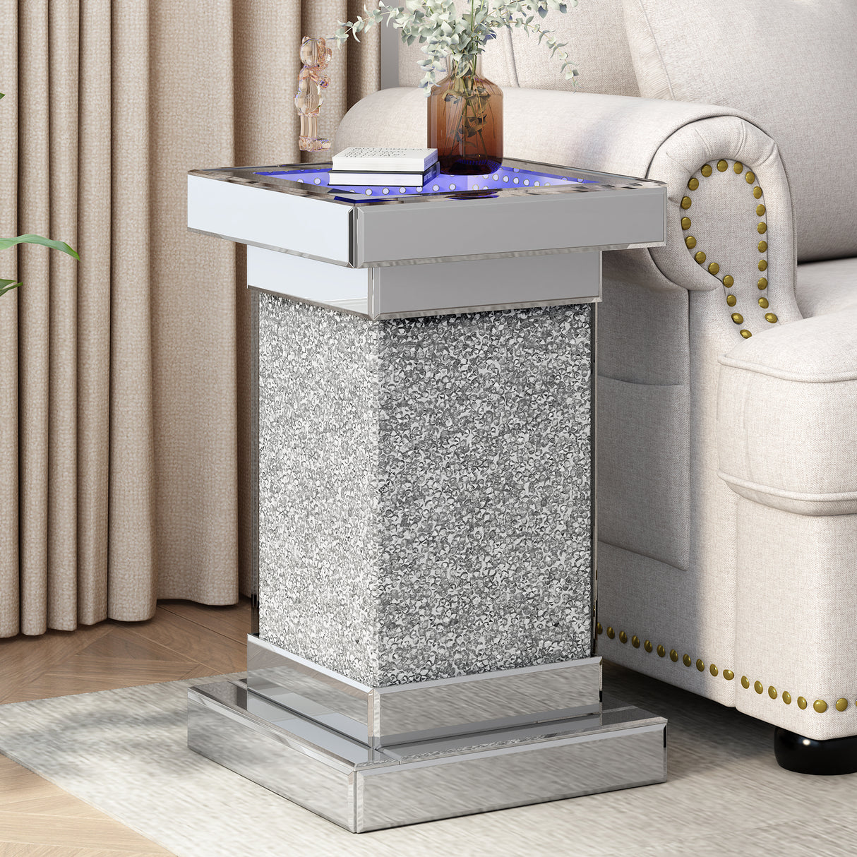U-Can 11.8-inch silver square mirror coffee table with LED lights, modern diamond edge table, no assembly required - V.I.P Digital Presence