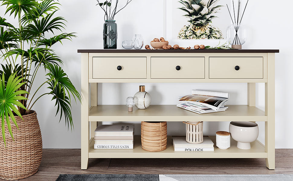 Retro Design Console Table with Two Open Shelves, Pine Solid Wood Frame and Legs for Living Room (Espresso+Beige) - V.I.P Digital Presence
