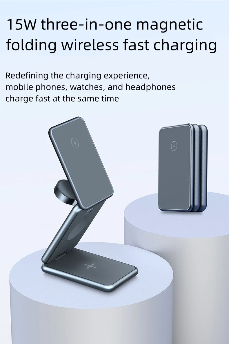 Alloy folding Magsafe15W magnetic wireless fast charging mobile phone earphone watch three-in-one folding wireless charger - V.I.P Digital Presence