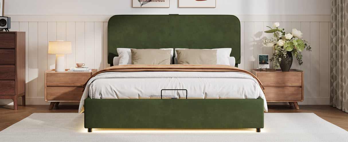 Large hydraulic storage bed with soft cushion lifting storage bed with RGB LED lights, Bluetooth speaker lychee velvet, green - V.I.P Digital Presence