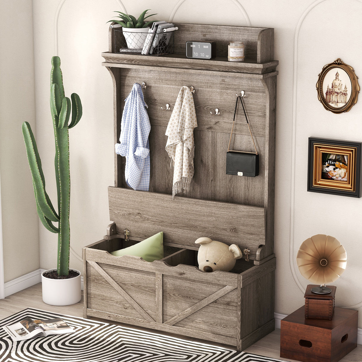 Hall tree with storage desk, entrance desk with drawers and 5 hooks, display rack,Oak - V.I.P Digital Presence