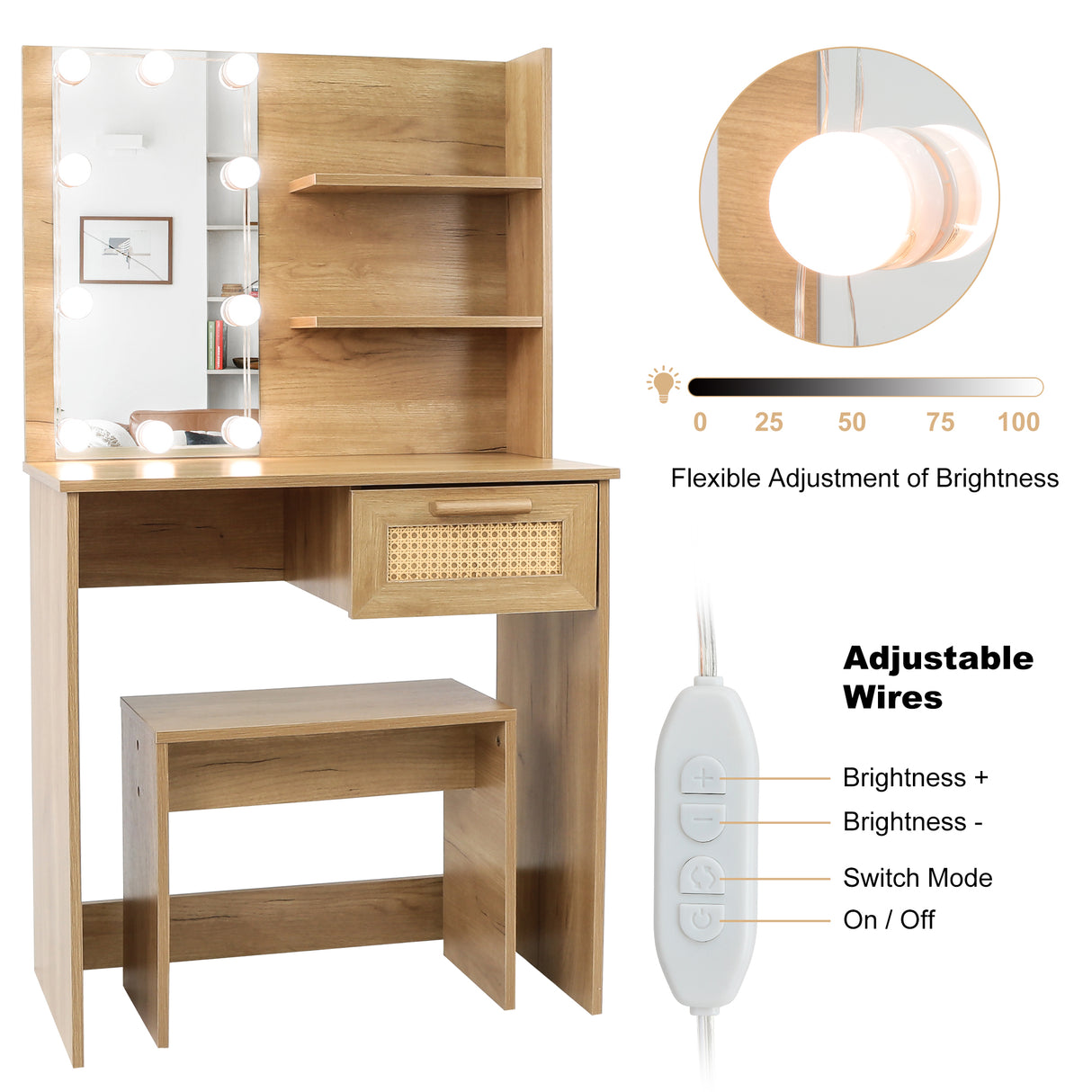 Vanity Desk Set Stool & Dressing Table with LED Lighting Mirror Drawer and Wood Cosmetic Table Chest of Drawers Nature Color - V.I.P Digital Presence