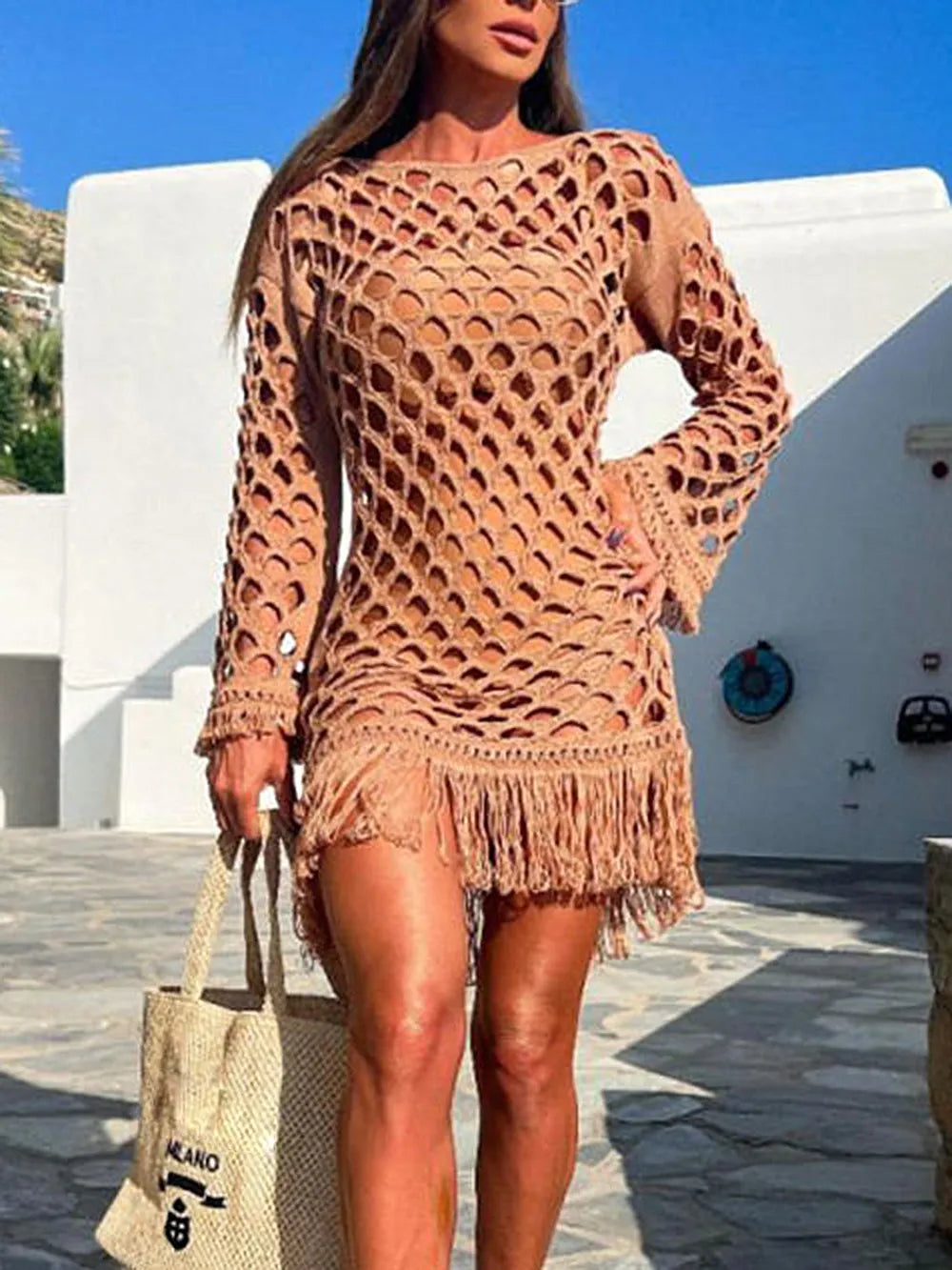 Fringe Cutout Long Sleeve Cover Up - V.I.P Digital Presence