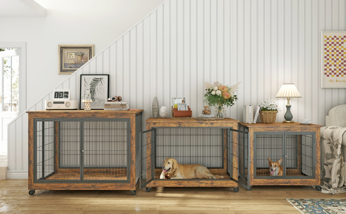 Furniture Style Dog Crate Side Table on Wheels with Double Doors and Lift Top. Rustic Brown, 43.7'' W x 30'' D x 31.1'' H. - V.I.P Digital Presence
