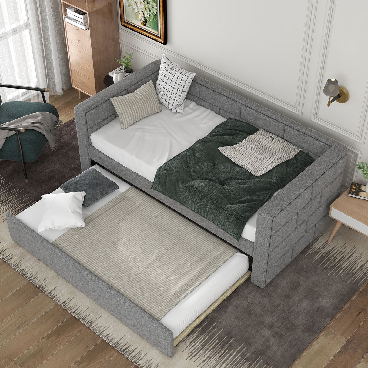 Twin Size Daybed with Trundle Upholstered Daybed with Padded Back Gray