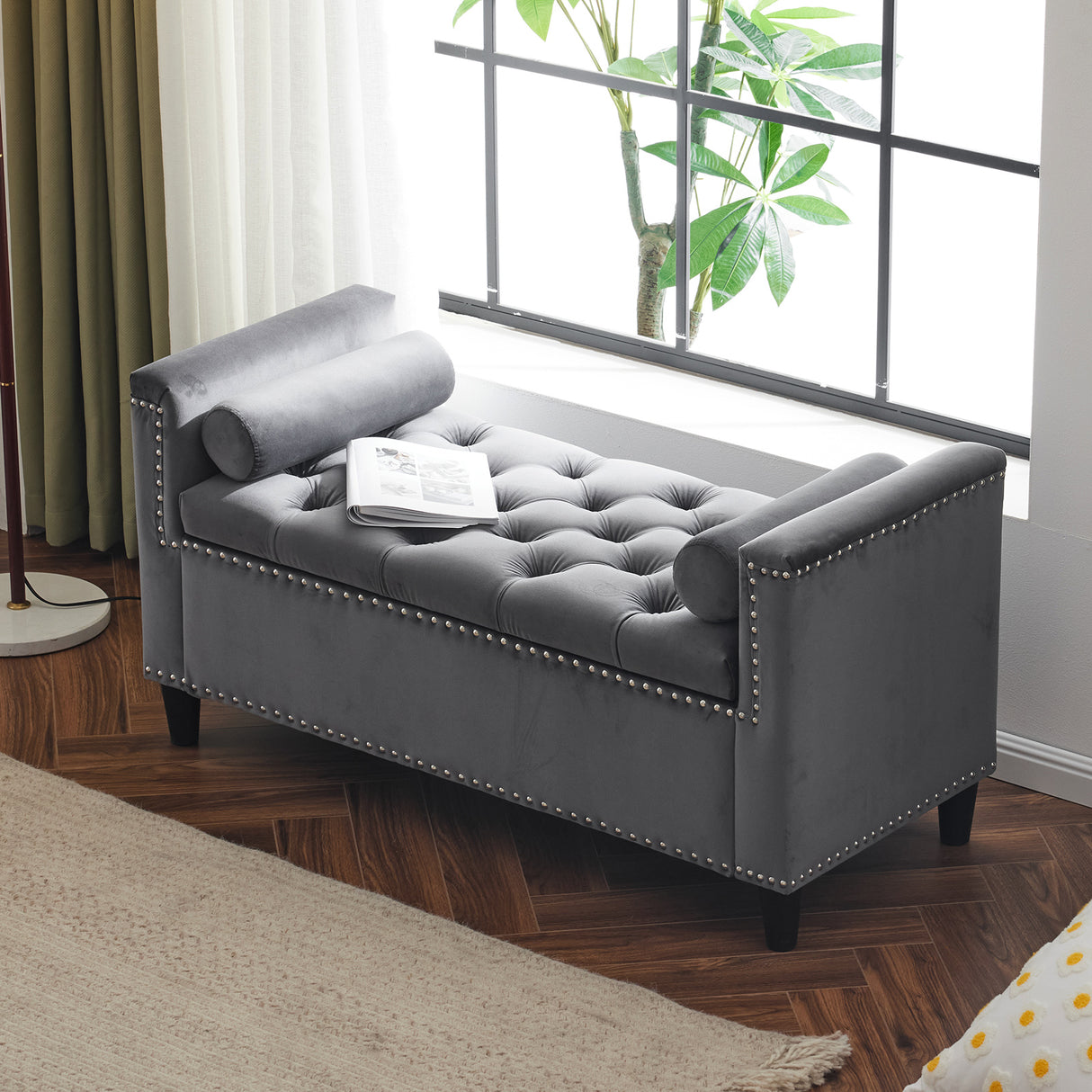 Storage Bench, 44.5-Inch Queen Velvet Button Bedside Bench, Entryway Living Room with Armrests, Nailhead Trim Gray - V.I.P Digital Presence