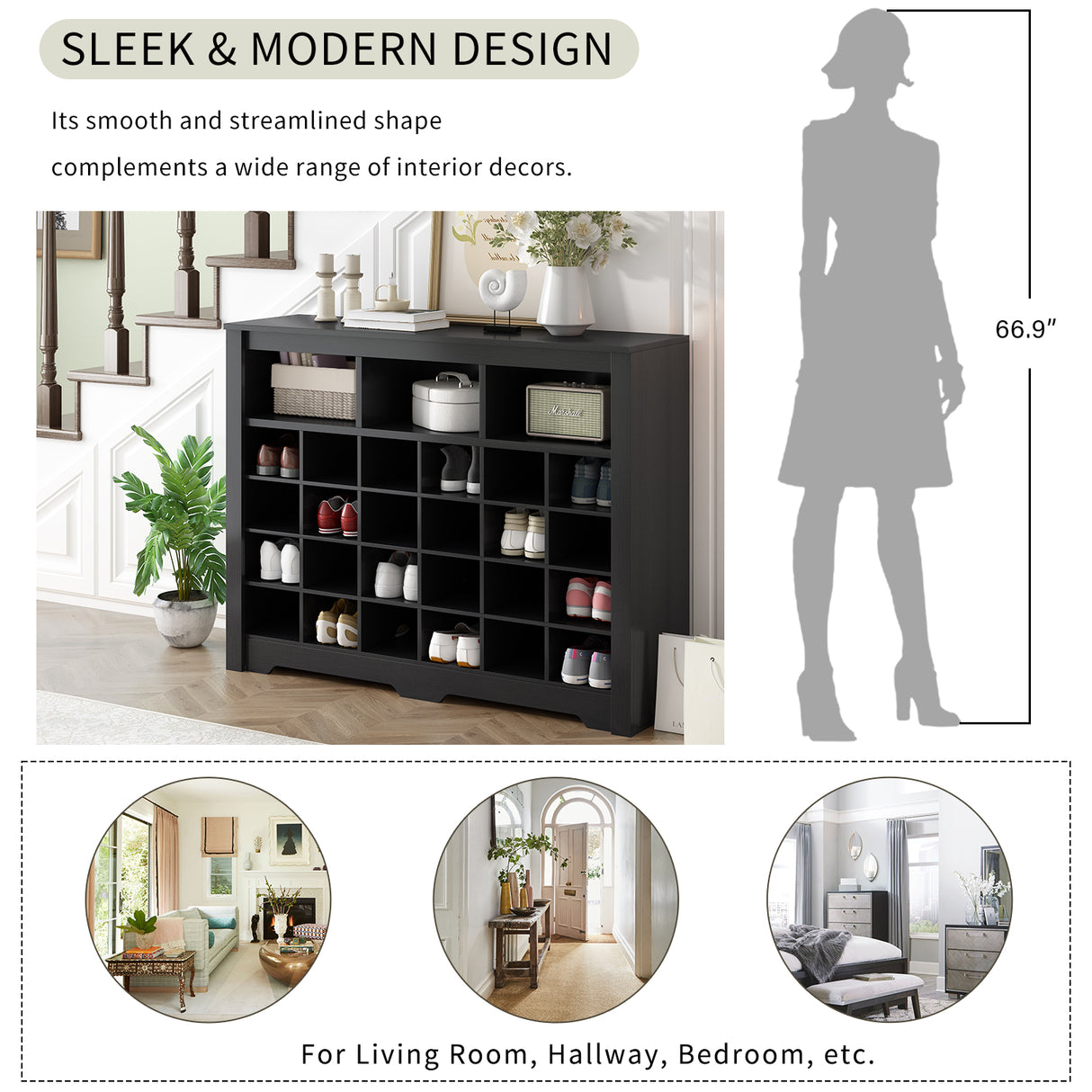 ONTREND Sleek Design 24 shoe cabinet, modern shoe cabinet with curved base, high-quality multifunctional side panel, black - V.I.P Digital Presence