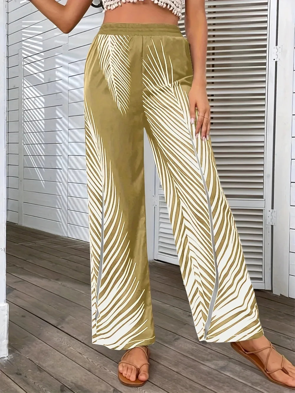 Fashionable and elegant striped leaf positioning printed wide leg pants for women - V.I.P Digital Presence