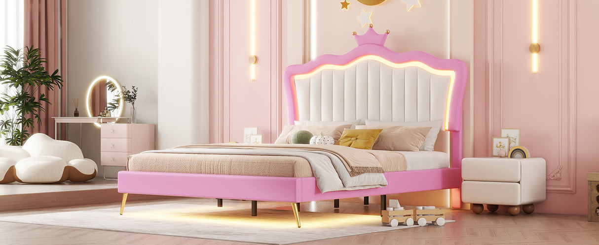 Full Size Upholstered Bed Frame with LED Lights, Modern Upholstered Princess Bed with Crown Headboard, Pink+White - V.I.P Digital Presence