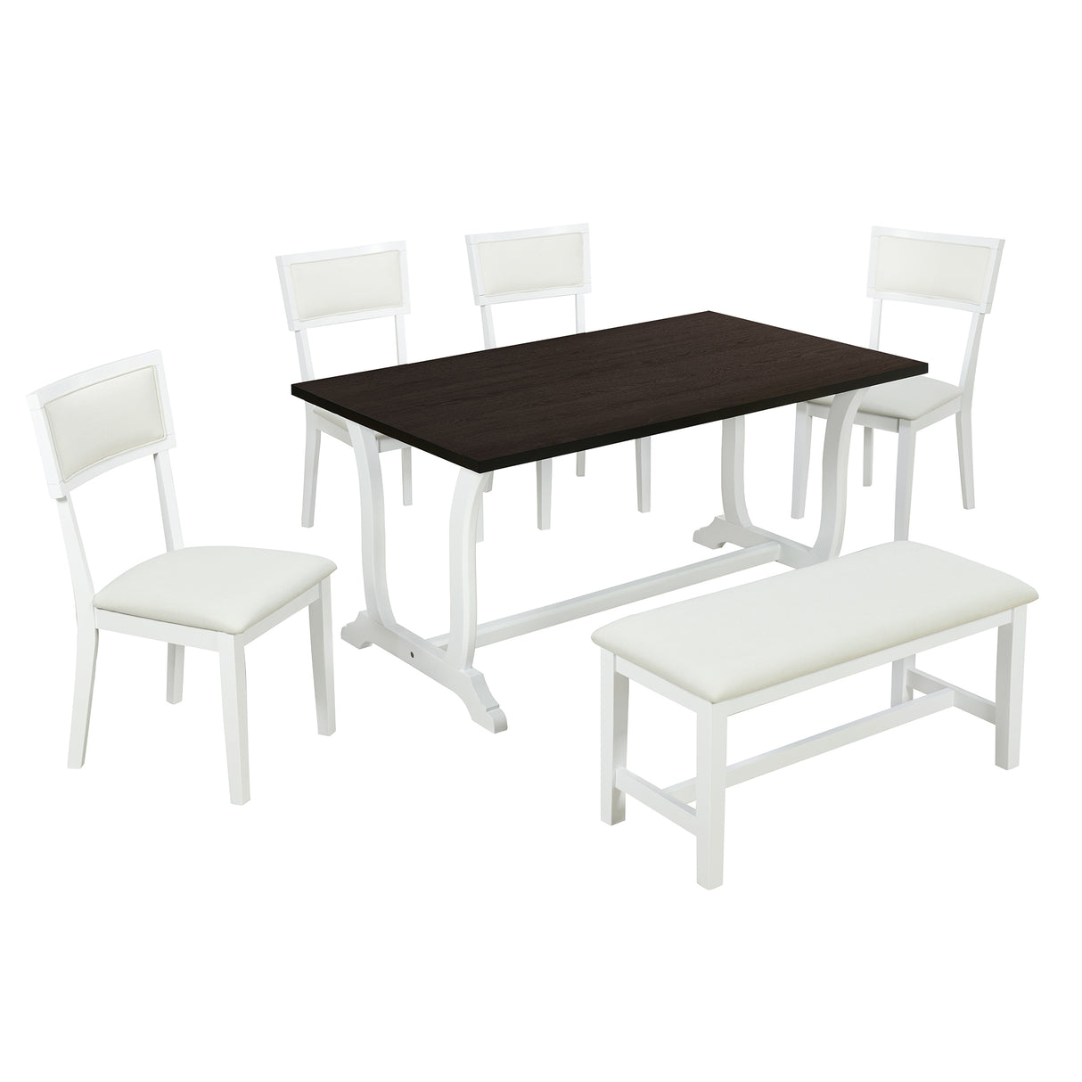 TOPMAX Farmhouse 6-Piece Trestle Dining Table Set with Upholstered Dining Chairs and Bench 59inch, White