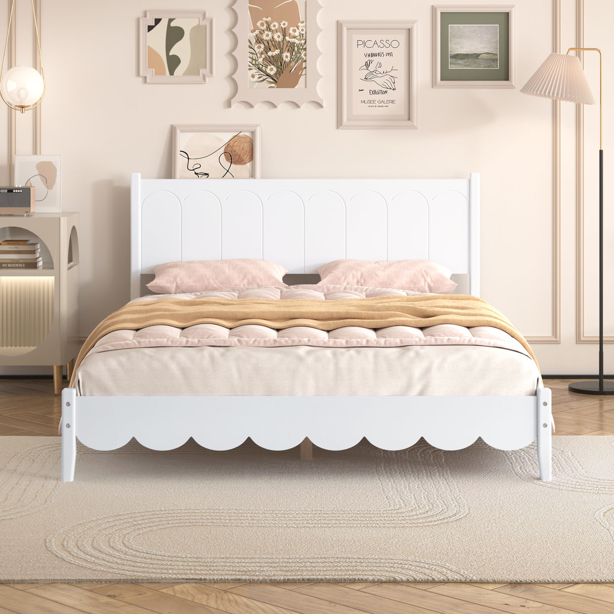 Queen Size Wood Platform Bed Frame, Retro Style Bed with Rectangular Headboard,No Need Box Spring,White - V.I.P Digital Presence