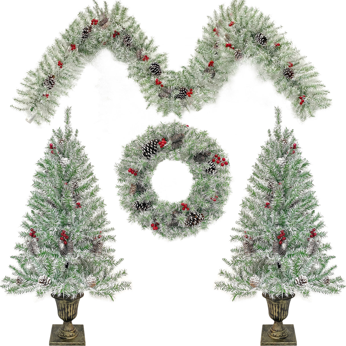 Pre-lit Xmas Tree Artificial Christmas 4-Piece Set,Garland, Wreath and Set of 2 Entrance Trees X-mas - V.I.P Digital Presence