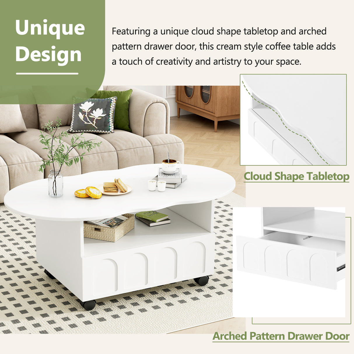 Two sets of ON-TRANS cream style TV stands and coffee tables, suitable for TVs under 80 inches, white - V.I.P Digital Presence