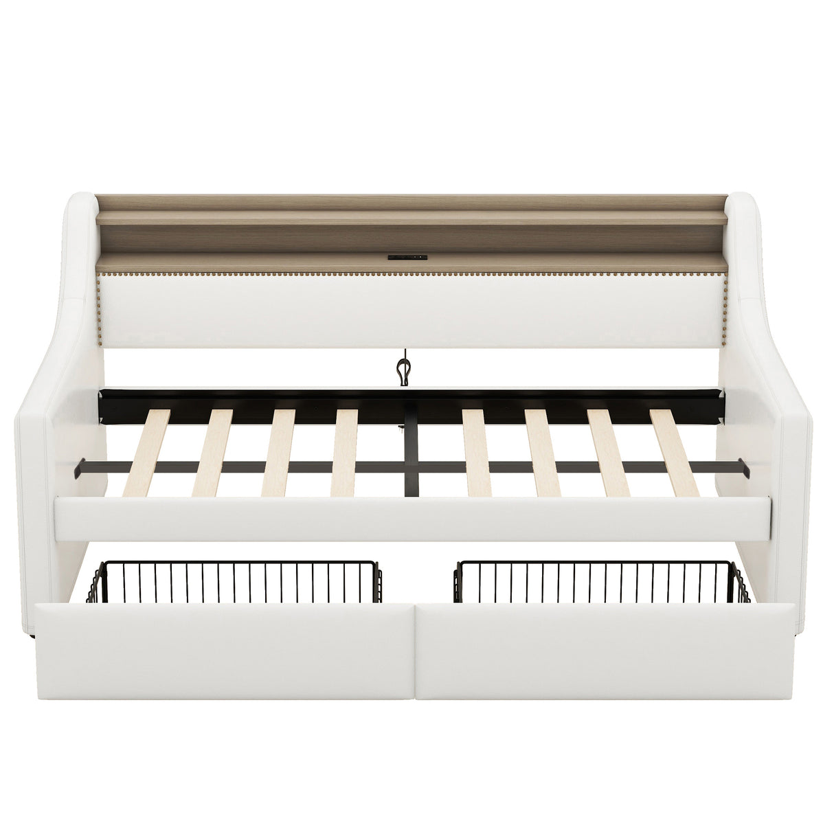 Twin Size Daybed with Drawers, Upholstered Daybed with Charging Station and LED Lights, White - V.I.P Digital Presence
