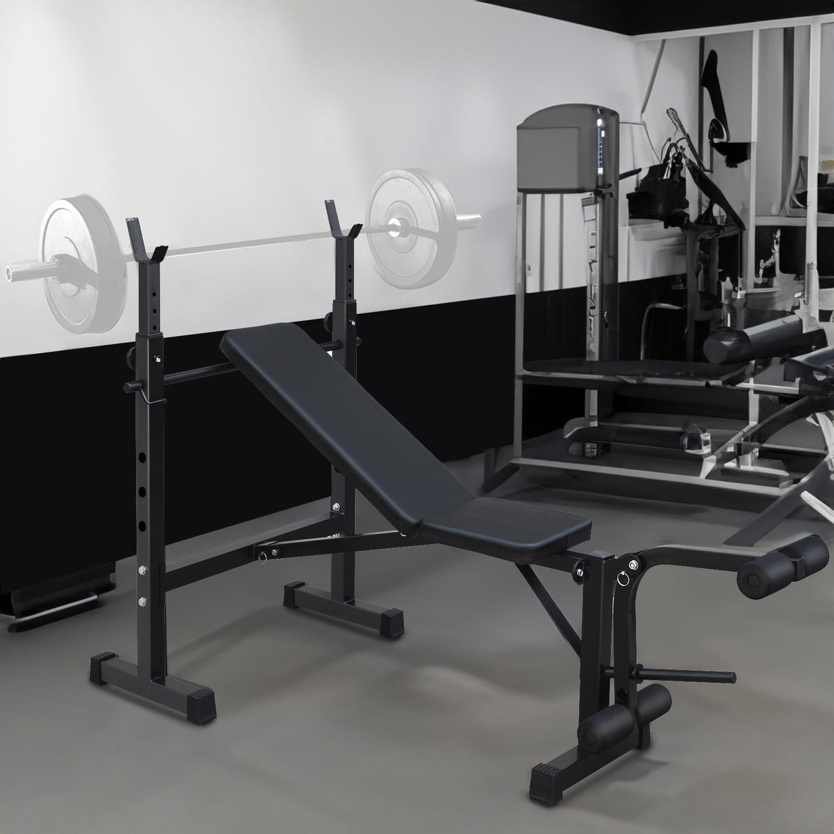 Banco de pesas olímpico con set de press de banca con soporte para sentadillas y banco para entrenamiento de cuerpo completo en el gimnasio en casa