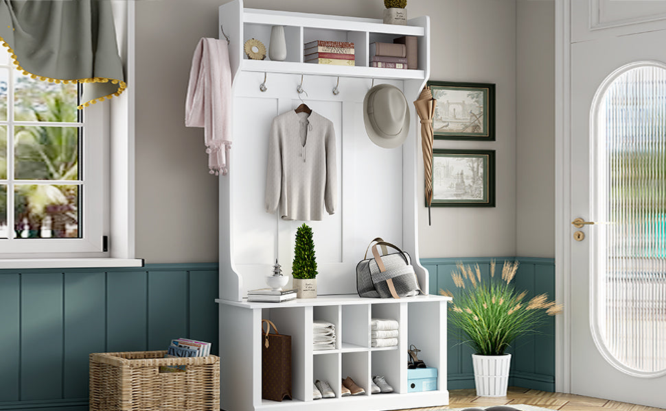 U-Can Hall Tree with 6 Hooks Coat Hanger Entryway Bench Storage Bench (White)