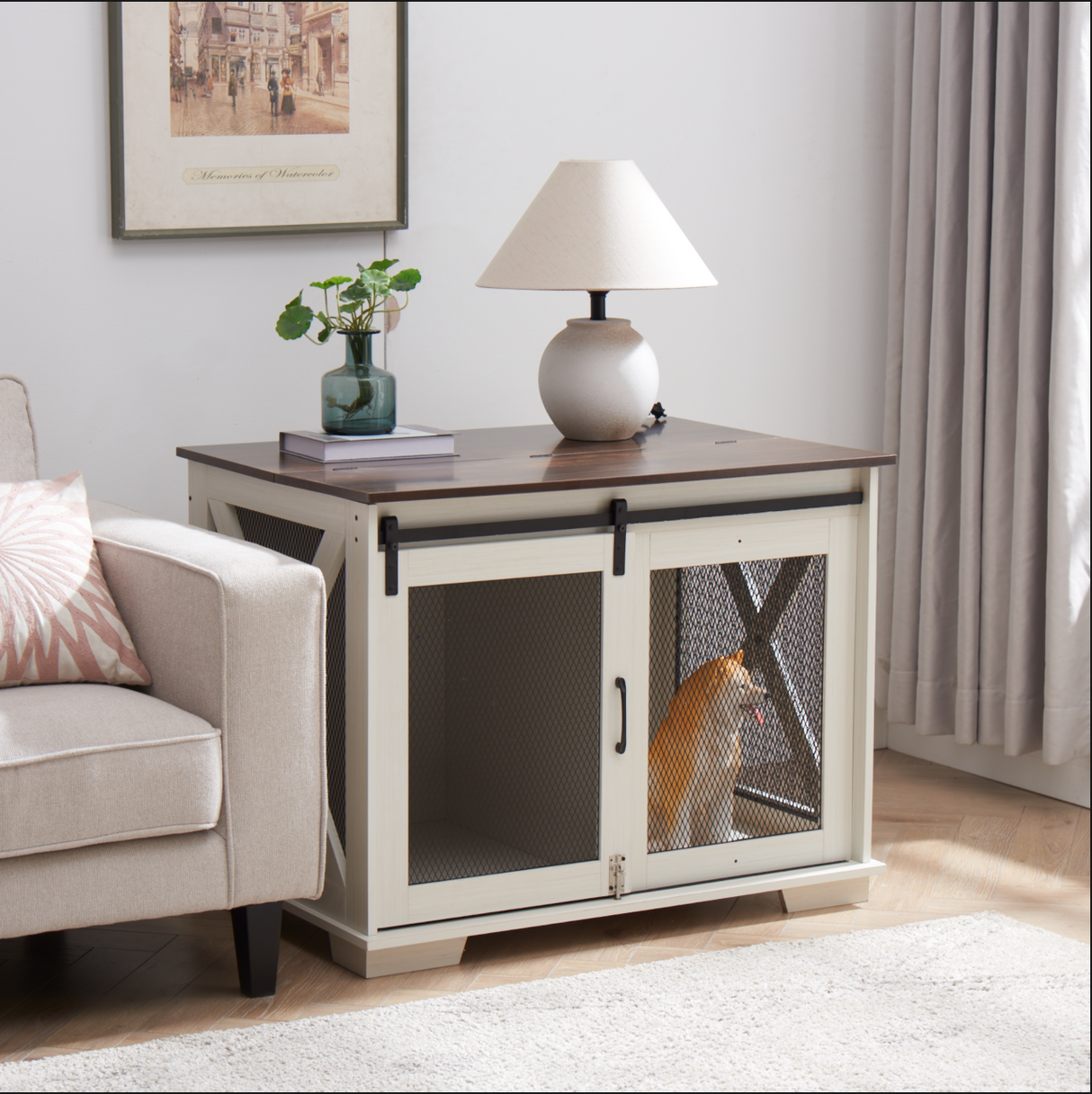 Farm kennel Flat noodles furniture with sliding barn door, farm wooden kennel end table, dog house with removable partition - V.I.P Digital Presence
