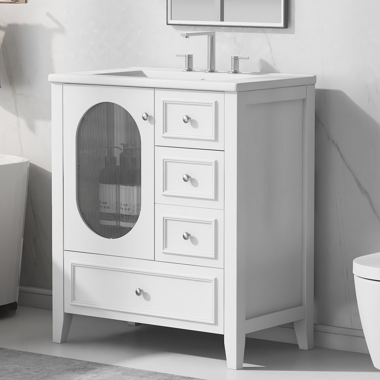 30" Bathroom Vanity with Sink, Bathroom Vanity Cabinet with Three Drawers and Door, Solid Wood and MDF, White - V.I.P Digital Presence