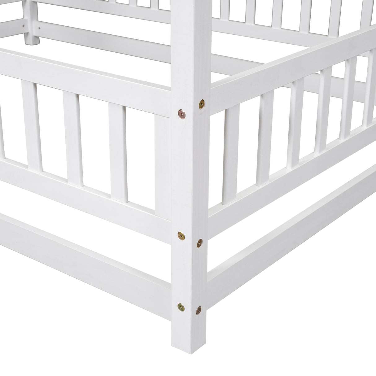 Full Size Floor Wooden Bed with House Roof Frame, Fence Guardrails ,White - V.I.P Digital Presence