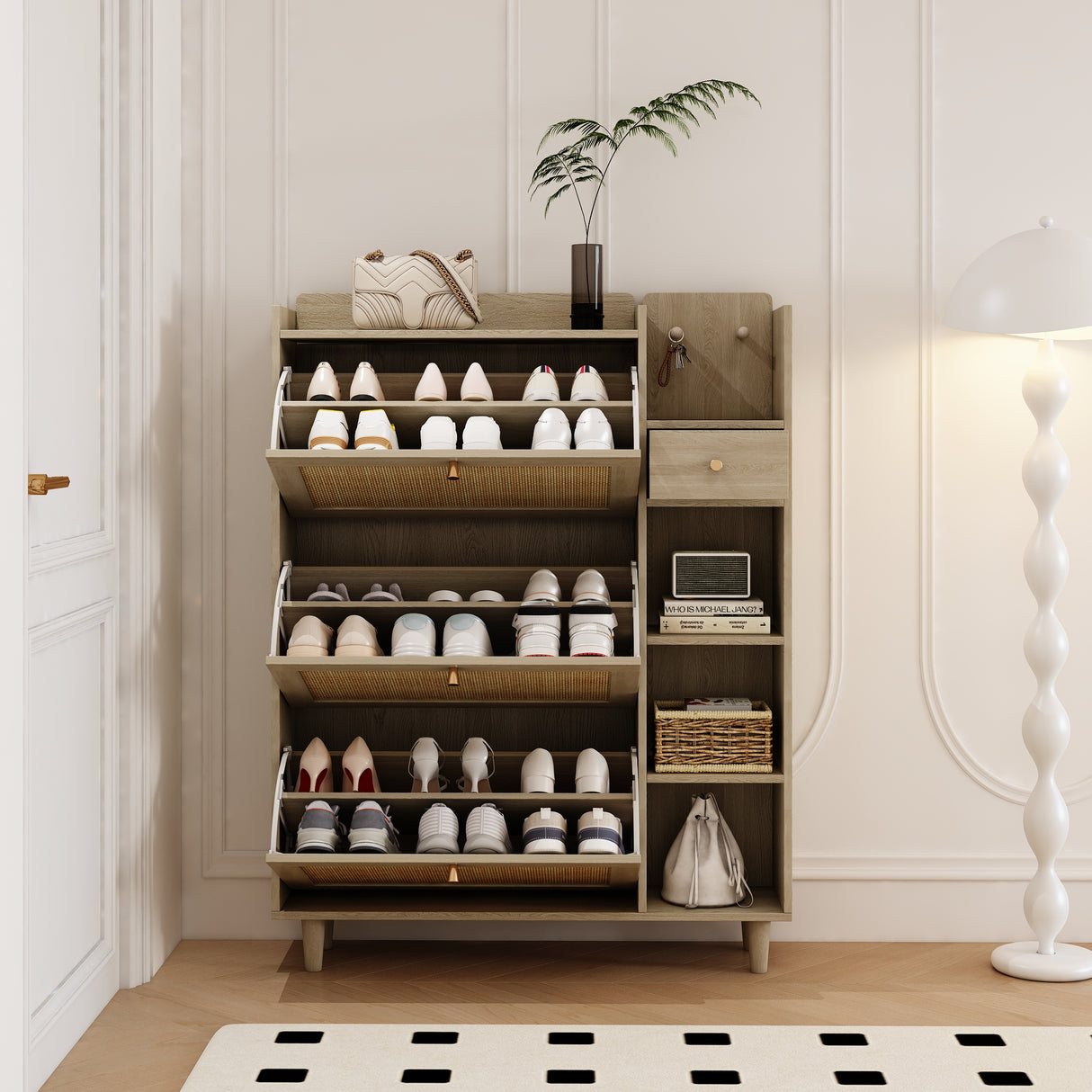 Natural Bohemian style shoe cabinet with 3 rattan flip drawers, 3 square shelves, and 1 storage drawer, Natural - V.I.P Digital Presence
