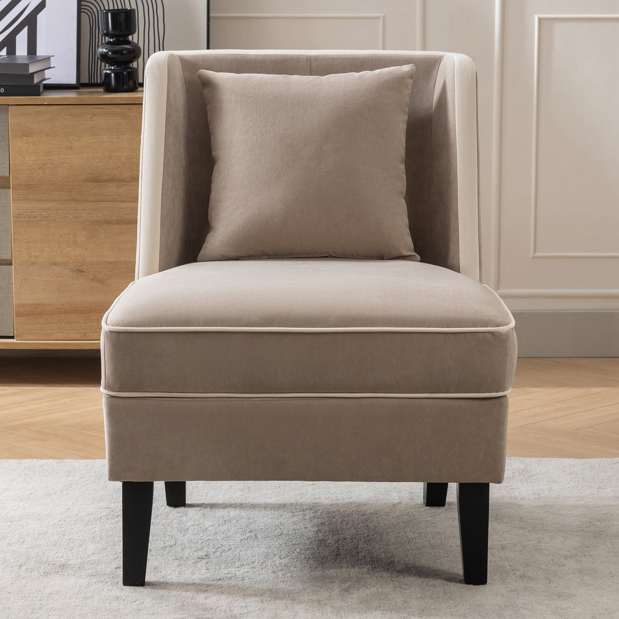 Velvet Upholstered Accent Chair with Cream Piping, Tan and Cream - V.I.P Digital Presence