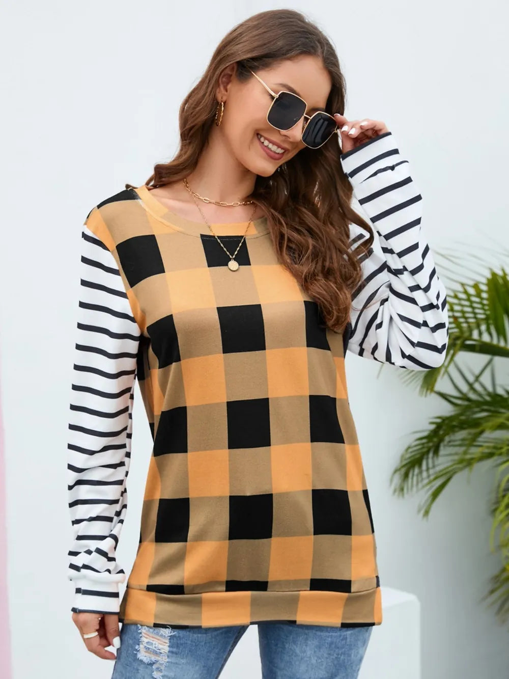 Plaid Striped Round Neck Long Sleeve T-Shirt - V.I.P Digital Presence