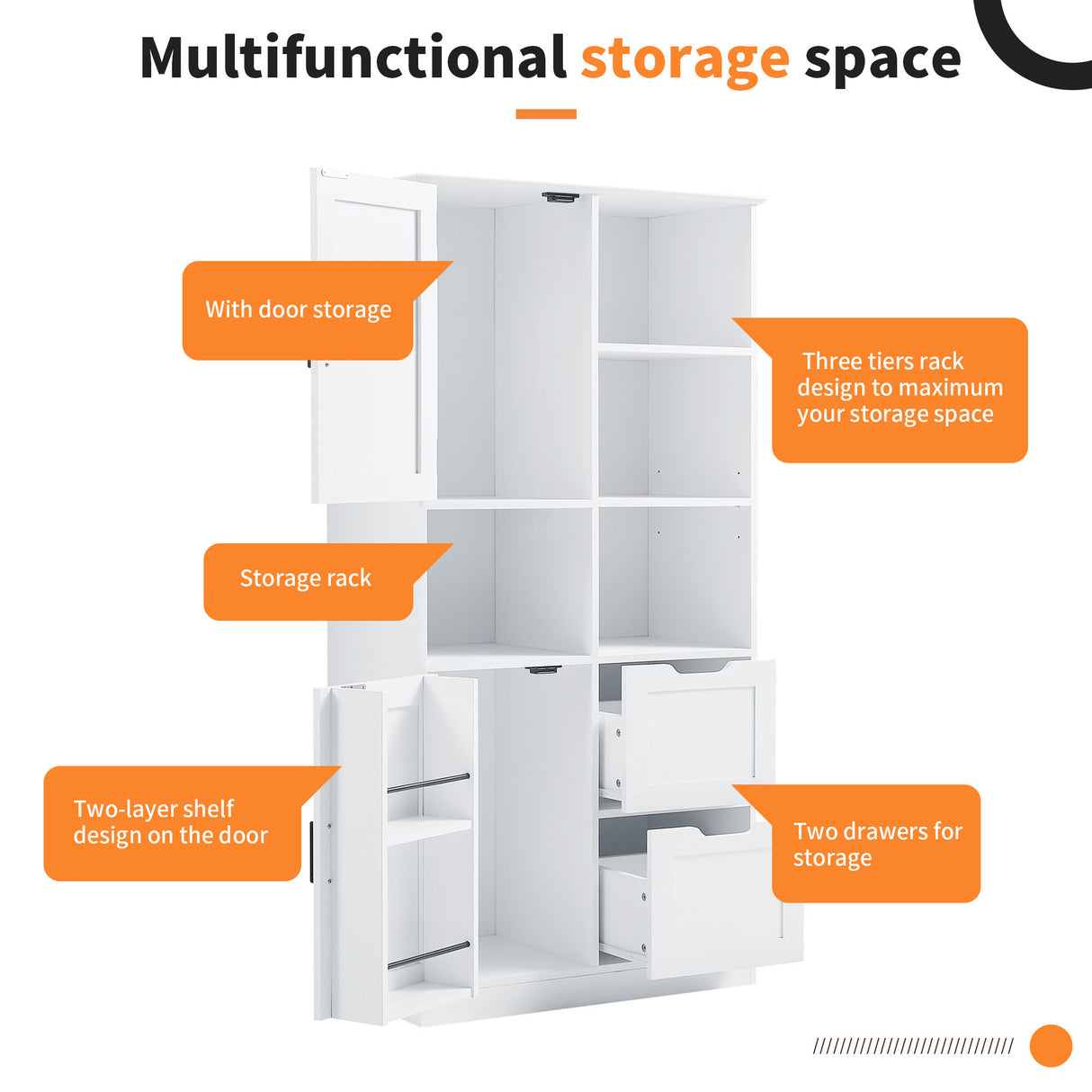 Bathroom storage cabinet with doors and drawers, multiple storage spaces, independent, open adjustable shelves, white - V.I.P Digital Presence