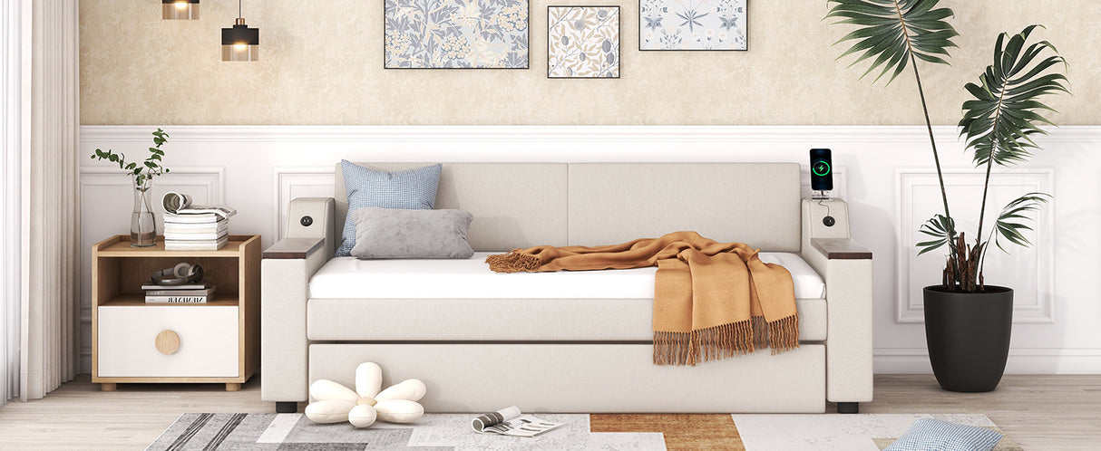 Twin Size Upholstery Daybed with Storage Arms Trundle and USB Design Beige