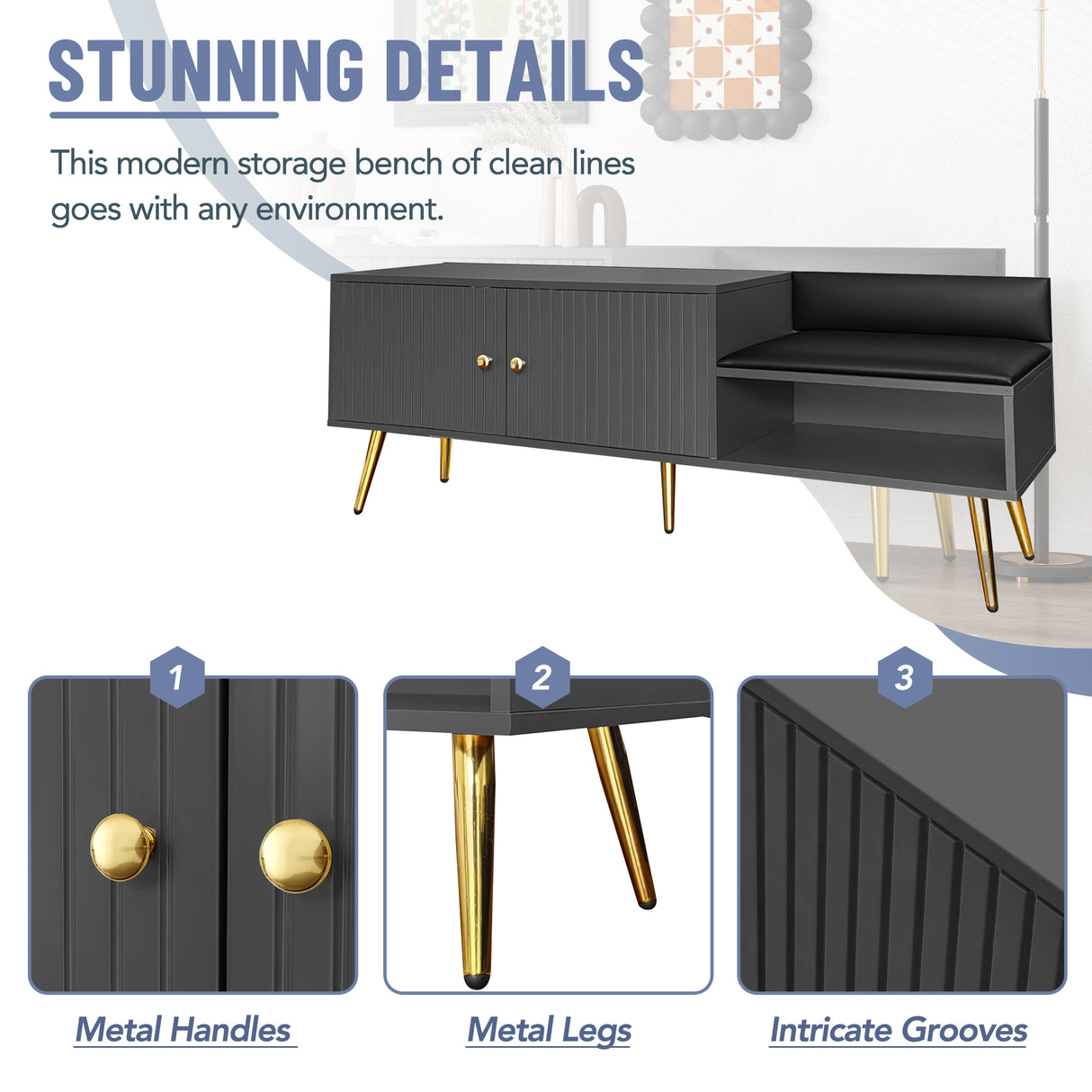 Modern Shoe Storage Bench with Hidden Storage and Upholstered Cushions for Bedside, Living Room and Entryway (Gray) - V.I.P Digital Presence