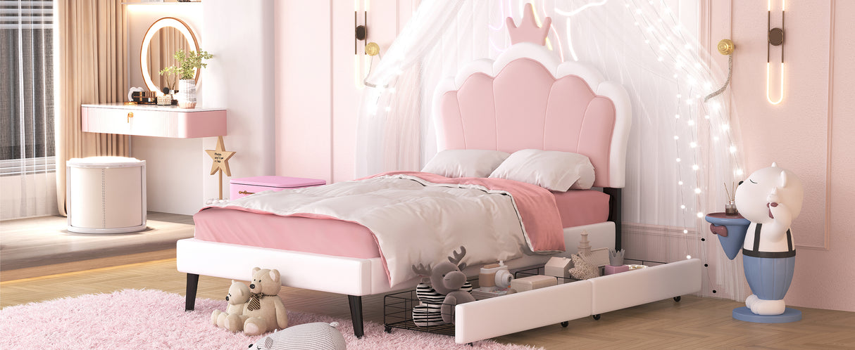 Twin cushion princess bed with crown headboard and 2 drawers with headboard and footrest, pink+white - V.I.P Digital Presence